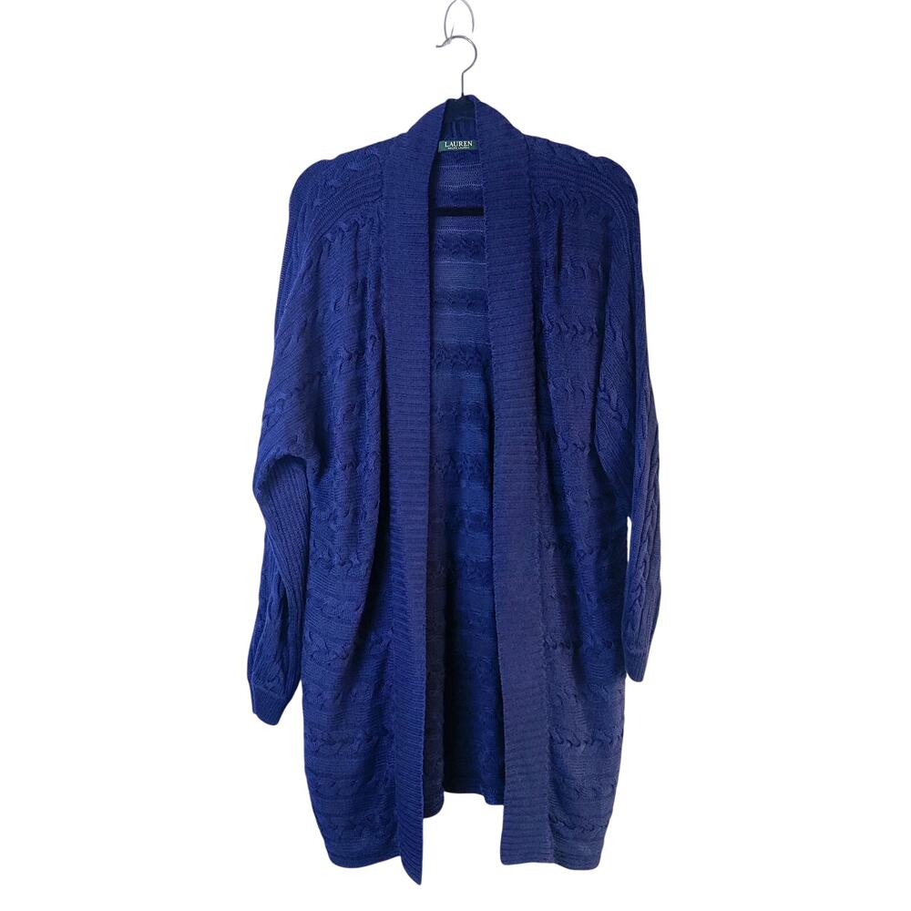 Lauren Ralph Lauren Navy Blue Cable Knit Open Front Grandpa Cardigan Sweater XL
